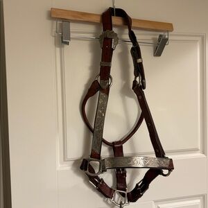Brown Leather Horse Halter with Silver Accents